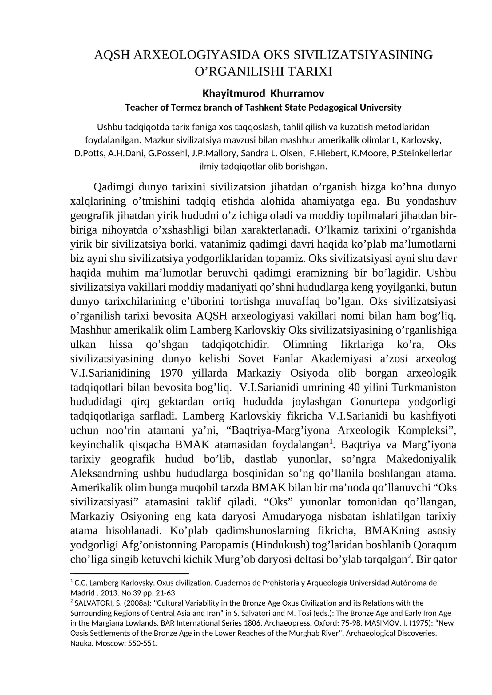 AQSH ARXEOLOGIYASIDA OKS SIVILIZATSIYASINING O’RGANILISHI TARIXI