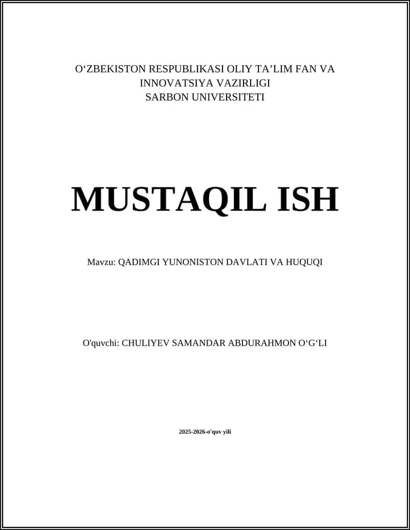 QADIMGI YUNONISTON DAVLATI VA HUQUQI