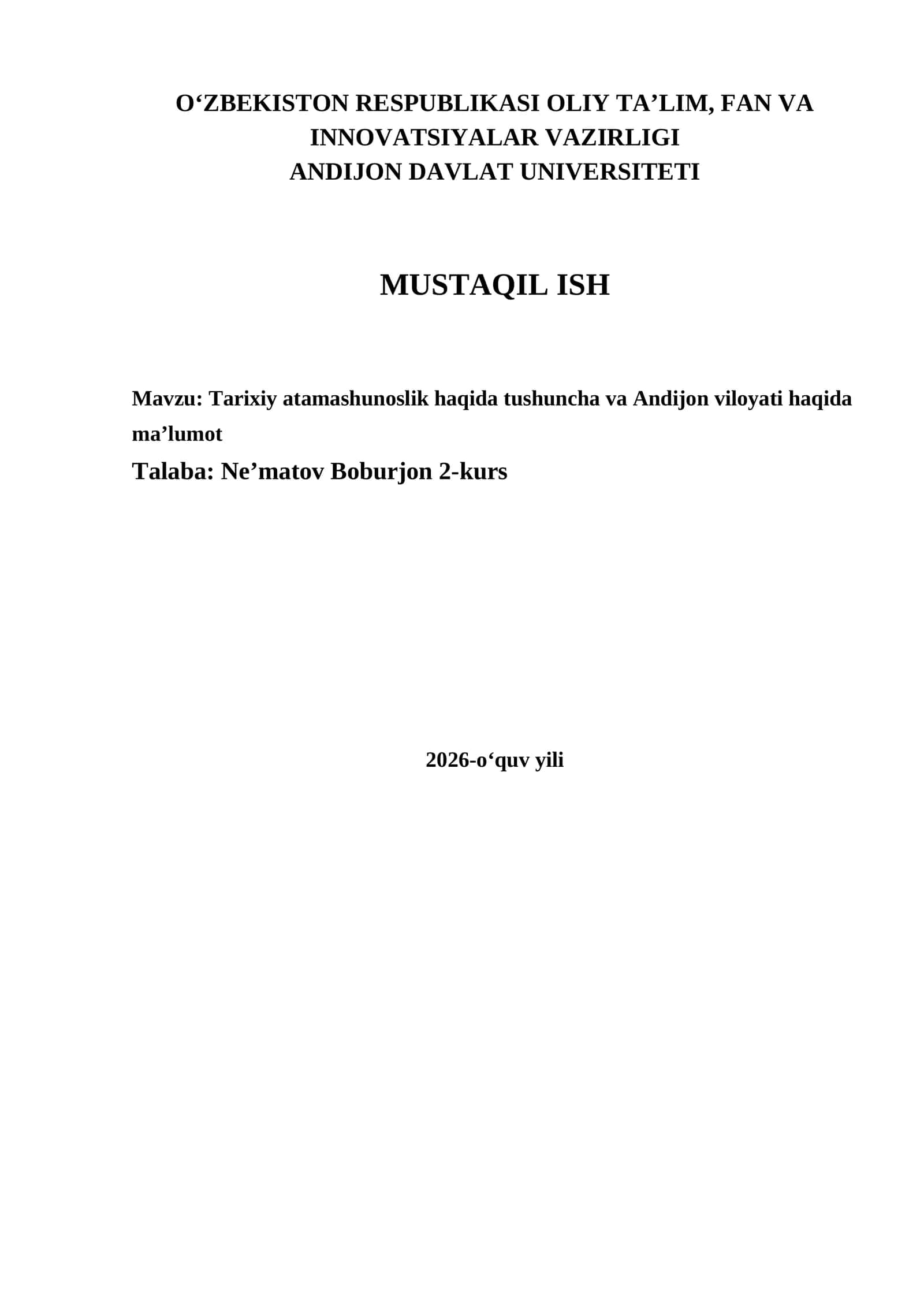 Tarixiy atamashunoslik haqida tushuncha va Andijon viloyati haqida ma’lumot