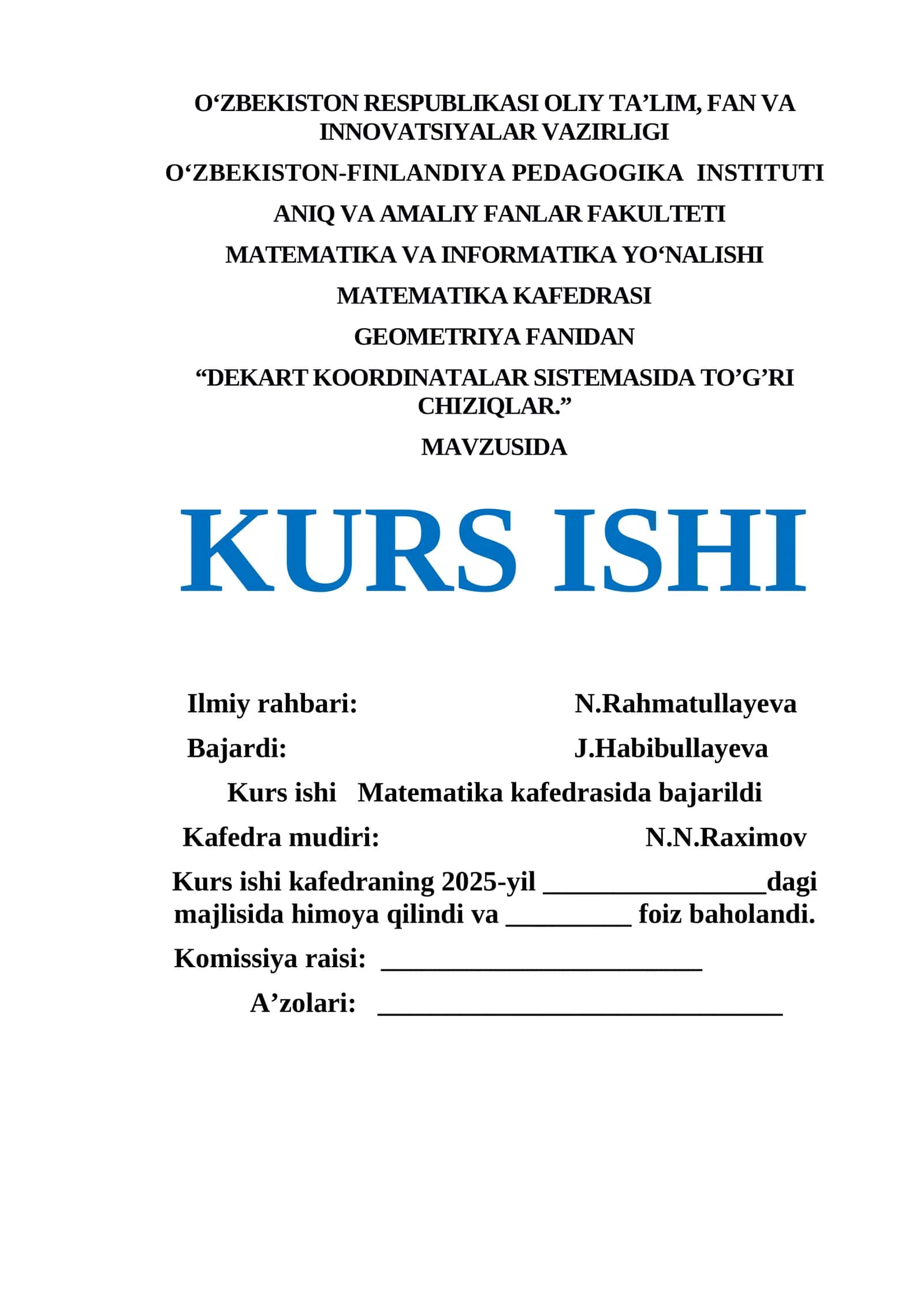 DEKART KOORDINATALAR SISTEMASIDA TO’G’RI CHIZIQLAR