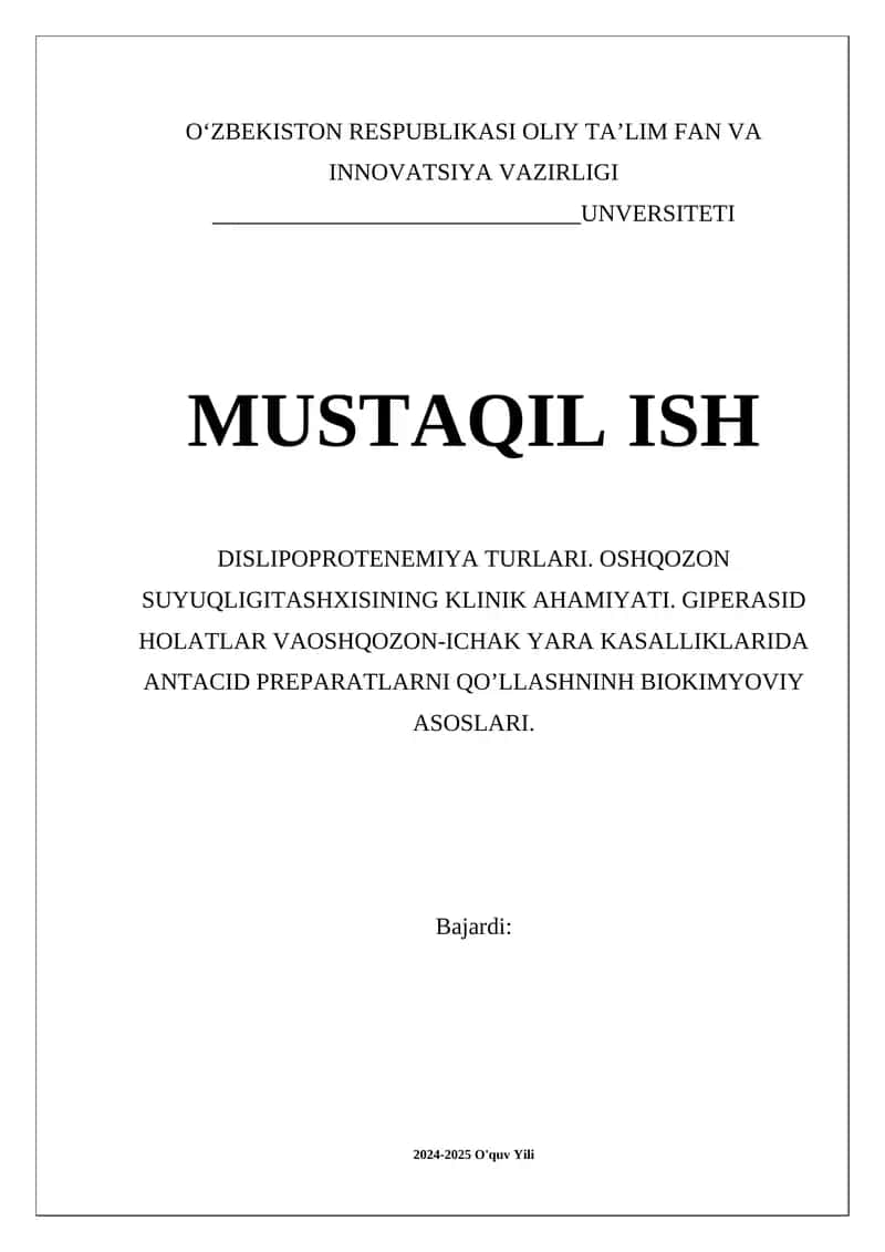 Dislipoproteinemiya Turlari va Oshqozon Suyuqligi Tashxisi