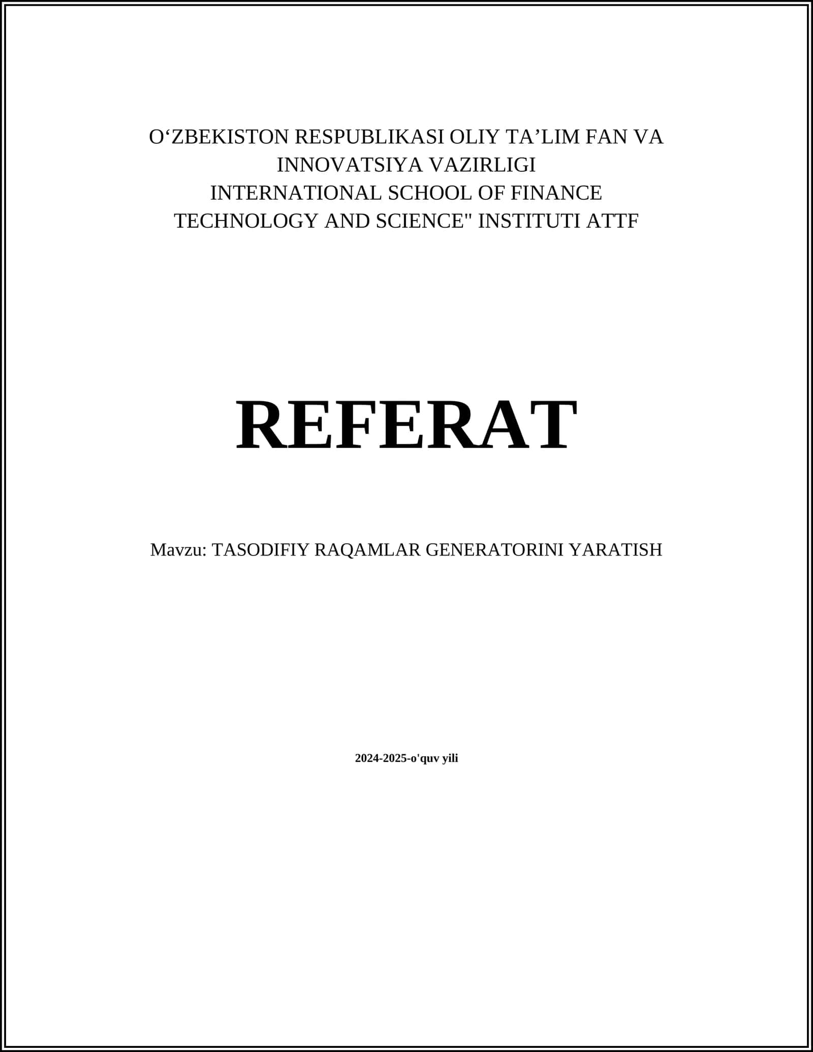 TASODIFIY RAQAMLAR GENERATORINI YARATISH