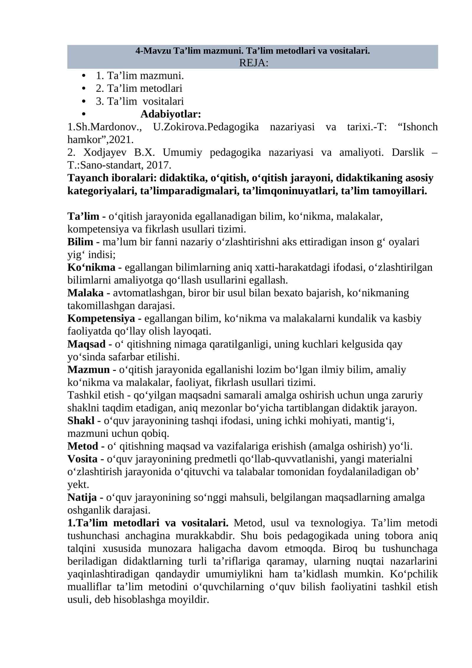 Ta'lim metodlari va vositalari
