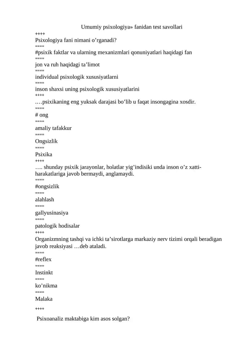 Umumiy psixologiya» fanidan test savollari