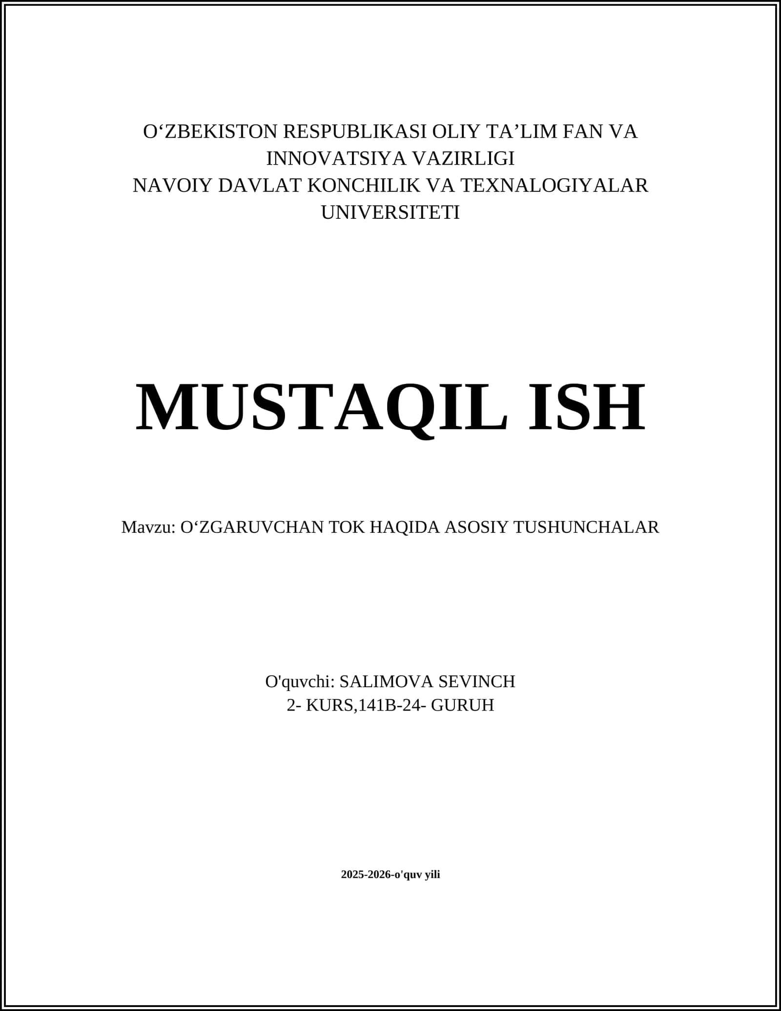 OʻZGARUVCHAN TOK HAQIDA ASOSIY TUSHUNCHALAR