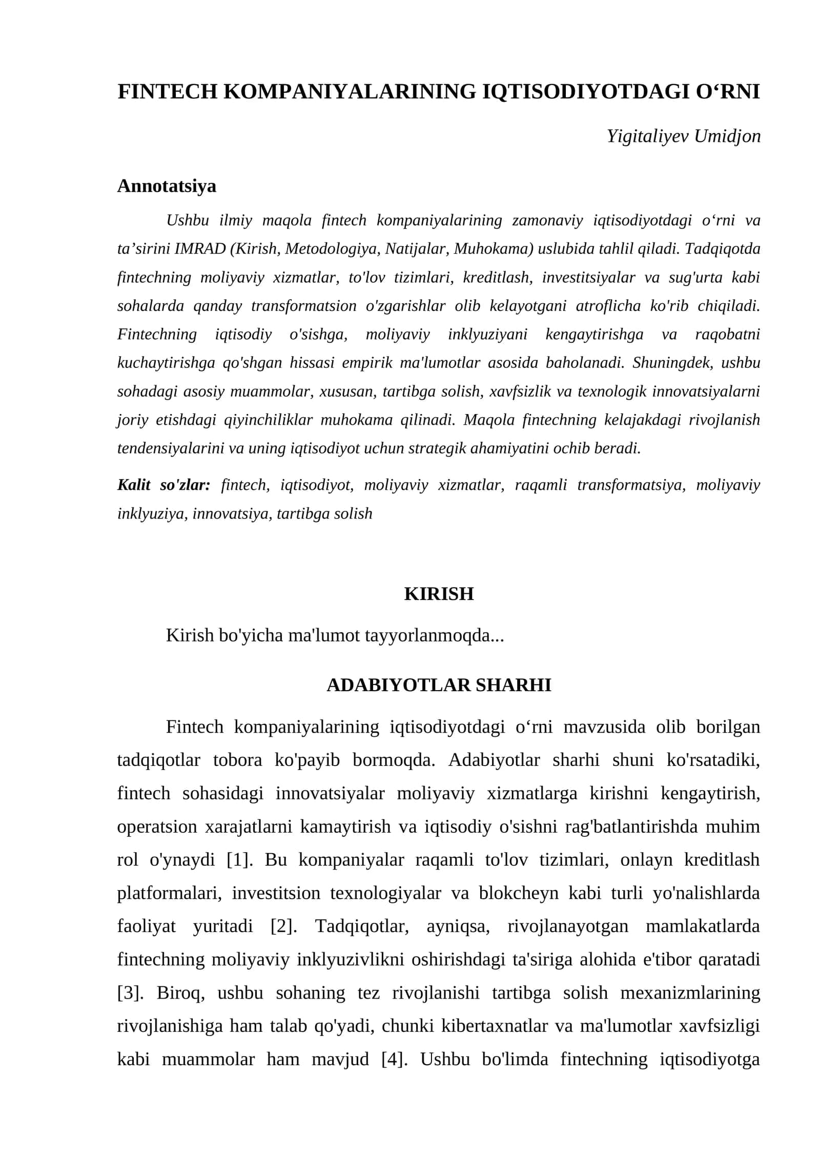 FINTECH KOMPANIYALARINING IQTISODIYOTDAGI O‘RNI