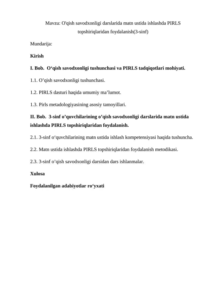 O'qish savodxonligi darslarida matn ustida ishlashda PIRLS topshiriqlaridan foydalanish(3-sinf)