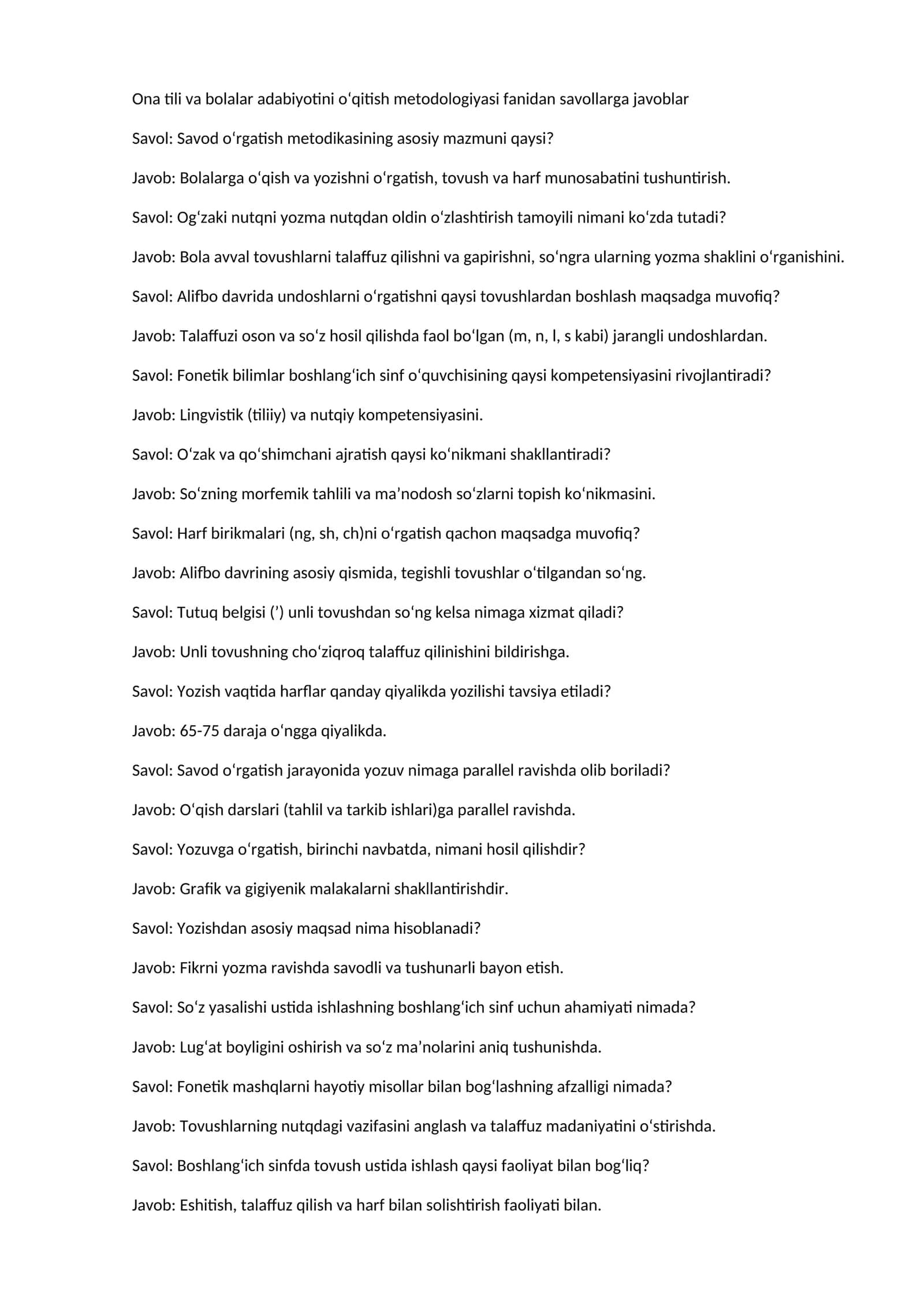 Ona tili va bolalar adabiyotini o‘qitish metodologiyasi fanidan savollarga javoblar