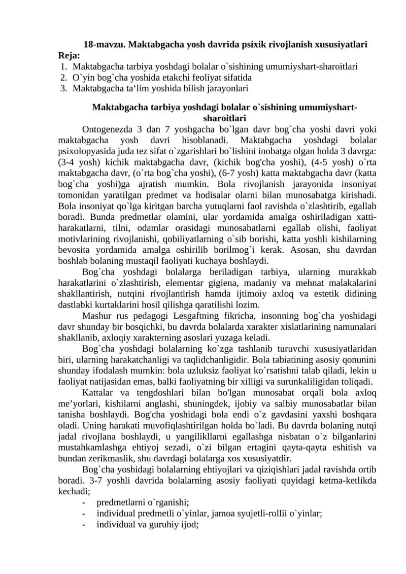 Maktabgacha yosh davrida psixik rivojlanish xususiyatlari