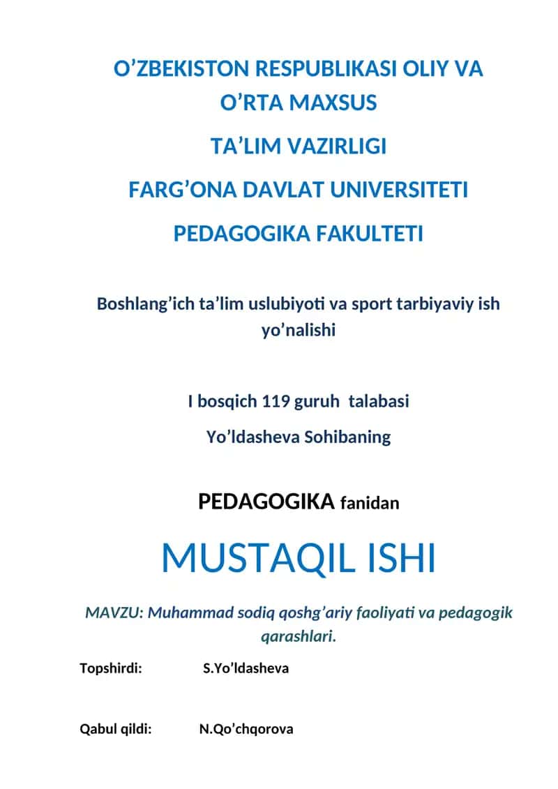 Muhammad Sodiq Qoshg’ariyning pedagogik qarashlari