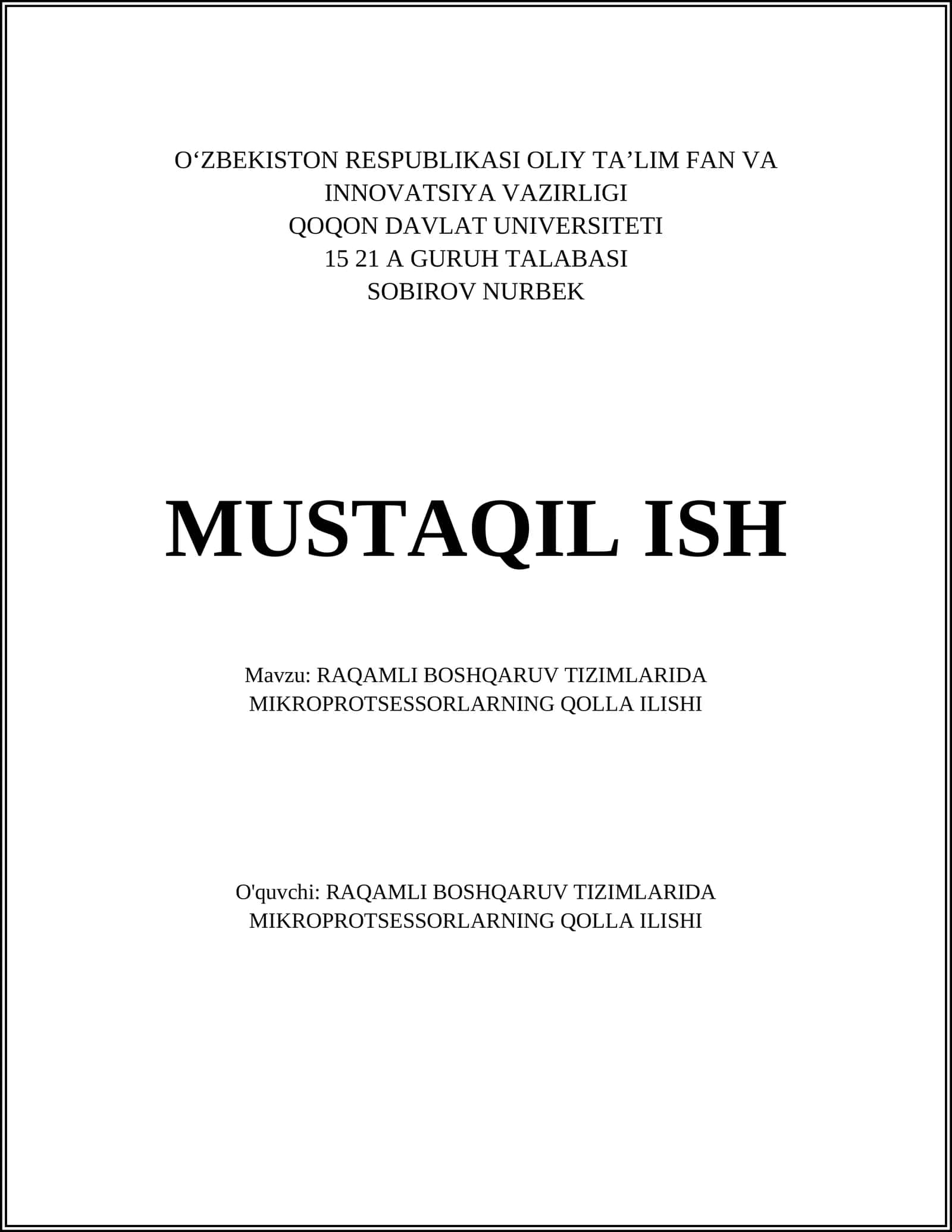 RAQAMLI BOSHQARUV TIZIMLARIDA MIKROPROTSESSORLARNING QOLLA ILISHI