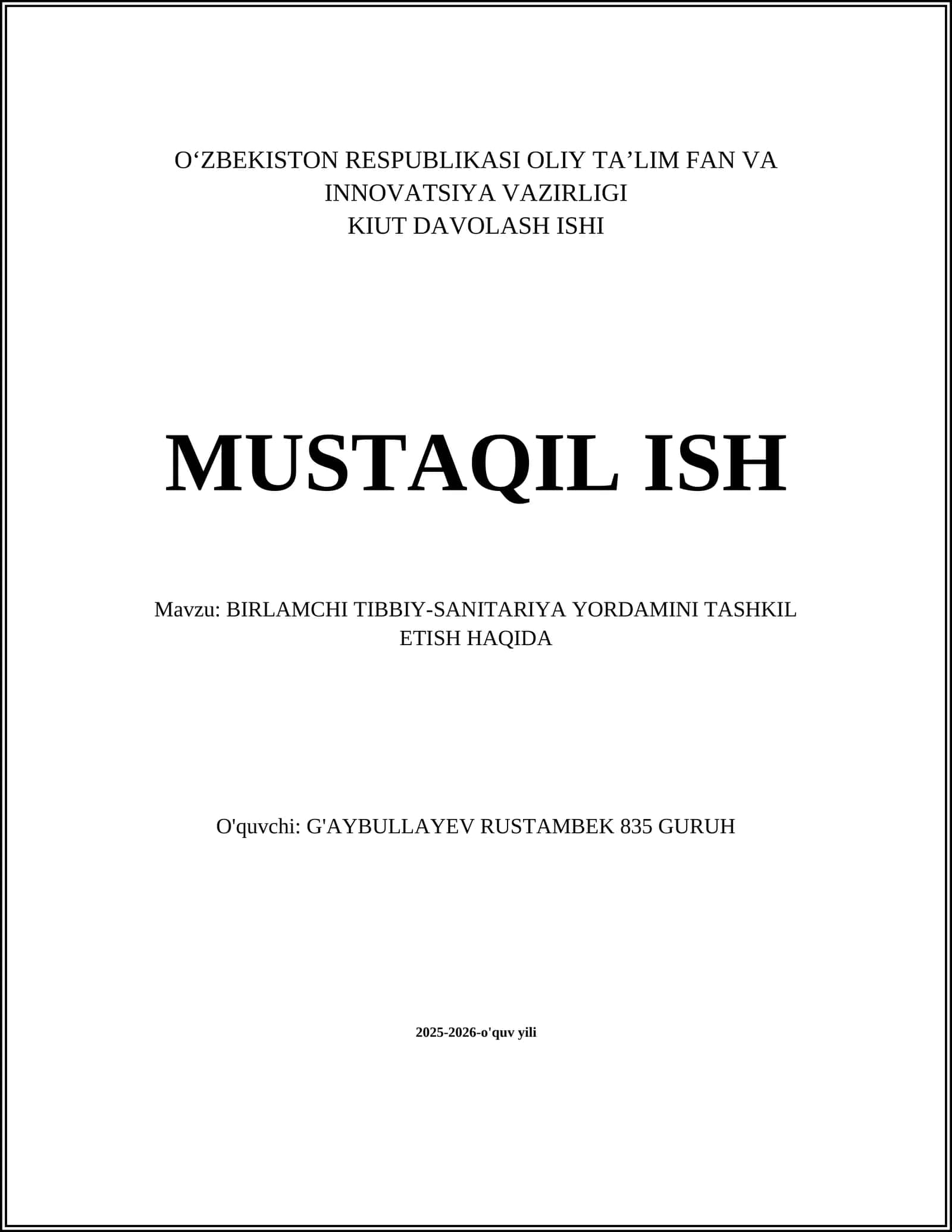 BIRLAMCHI TIBBIY-SANITARIYA YORDAMINI TASHKIL ETISH HAQIDA