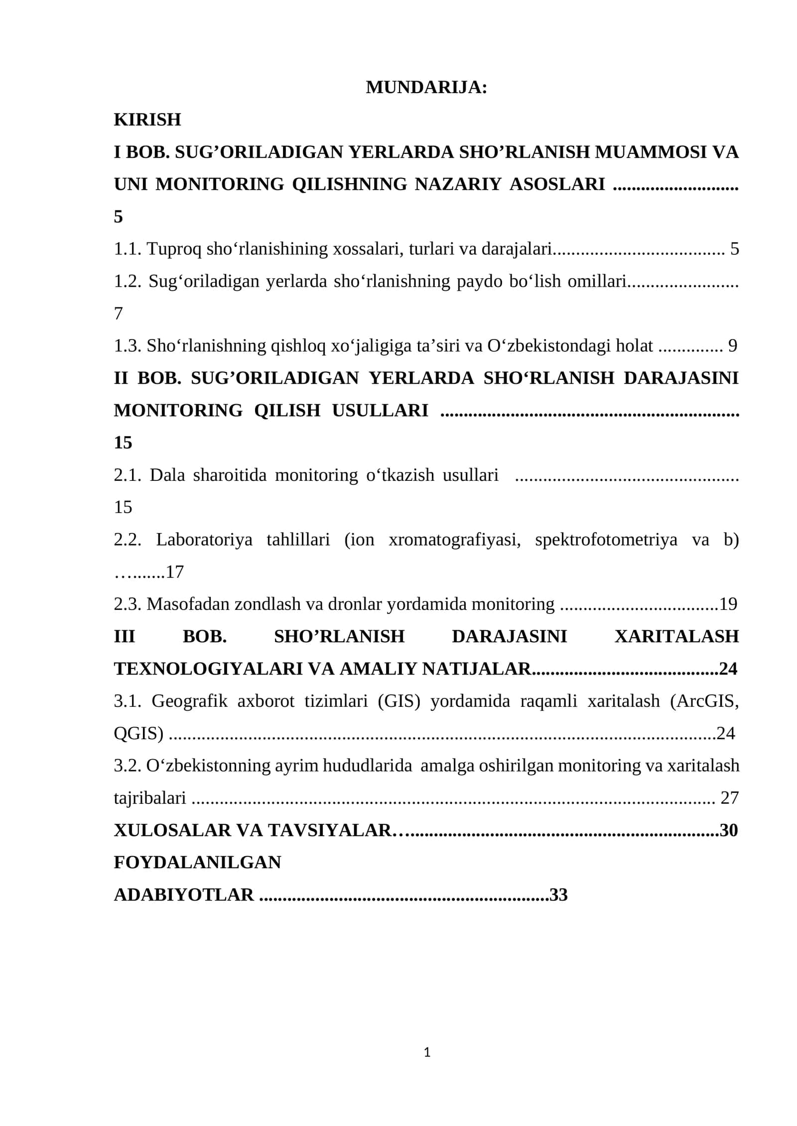 KIRISH I BOB. SUG’ORILADIGAN YERLARDA SHO’RLANISH MUAMMOSI VA UNI MONITORING QILISHNING NAZARIY ASOSLARI