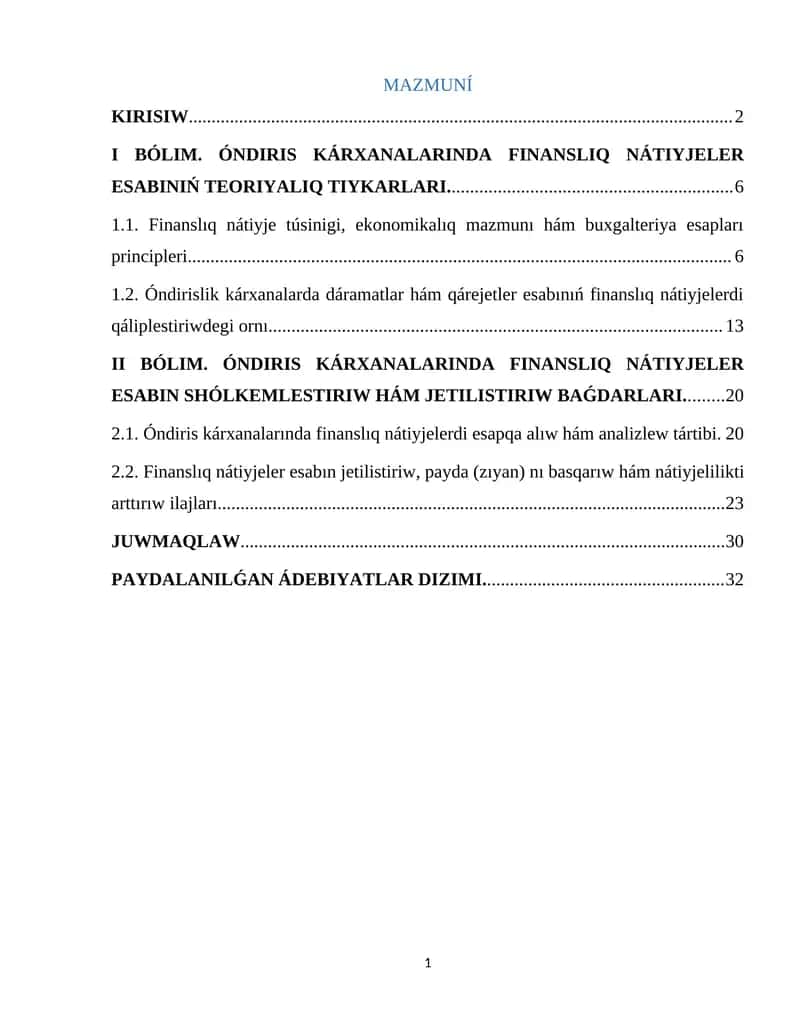 Óndiris karxanalarında finanslıq nátiyjeler