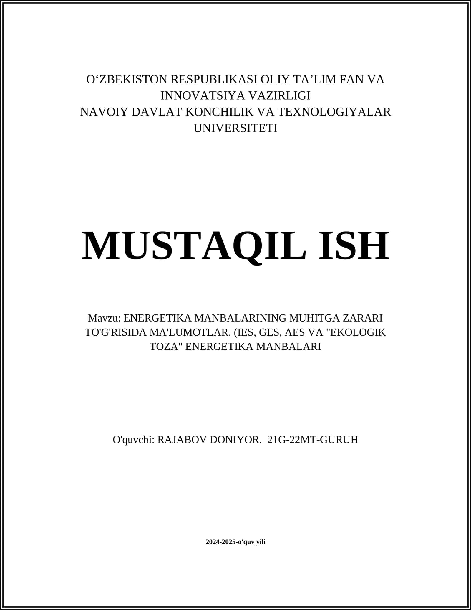 ENERGETIKA MANBALARINING MUHITGA ZARARI TO'G'RISIDA MA'LUMOTLAR