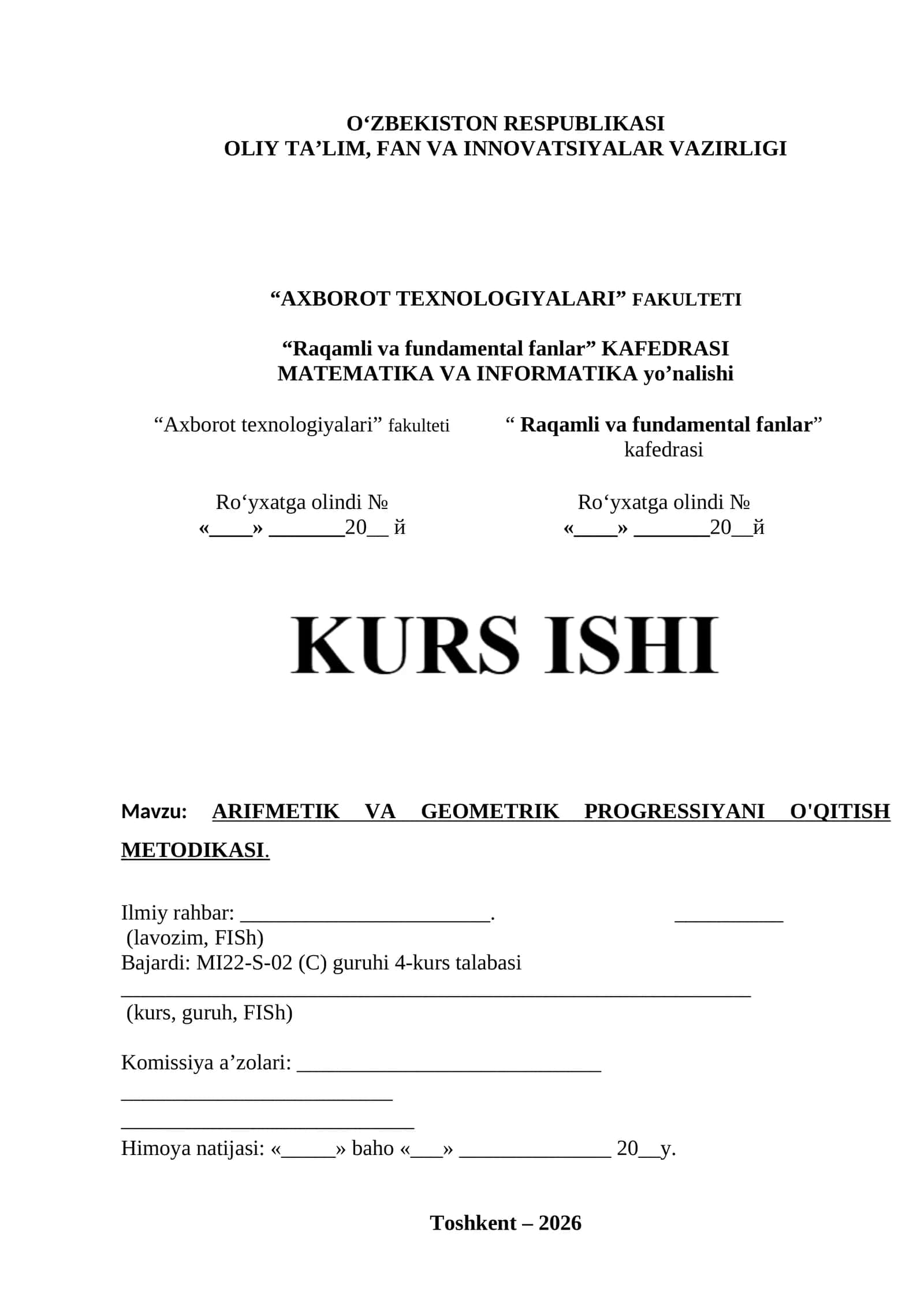 ARIFMETIK VA GEOMETRIK PROGRESSIYANI O'QITISH METODIKASI