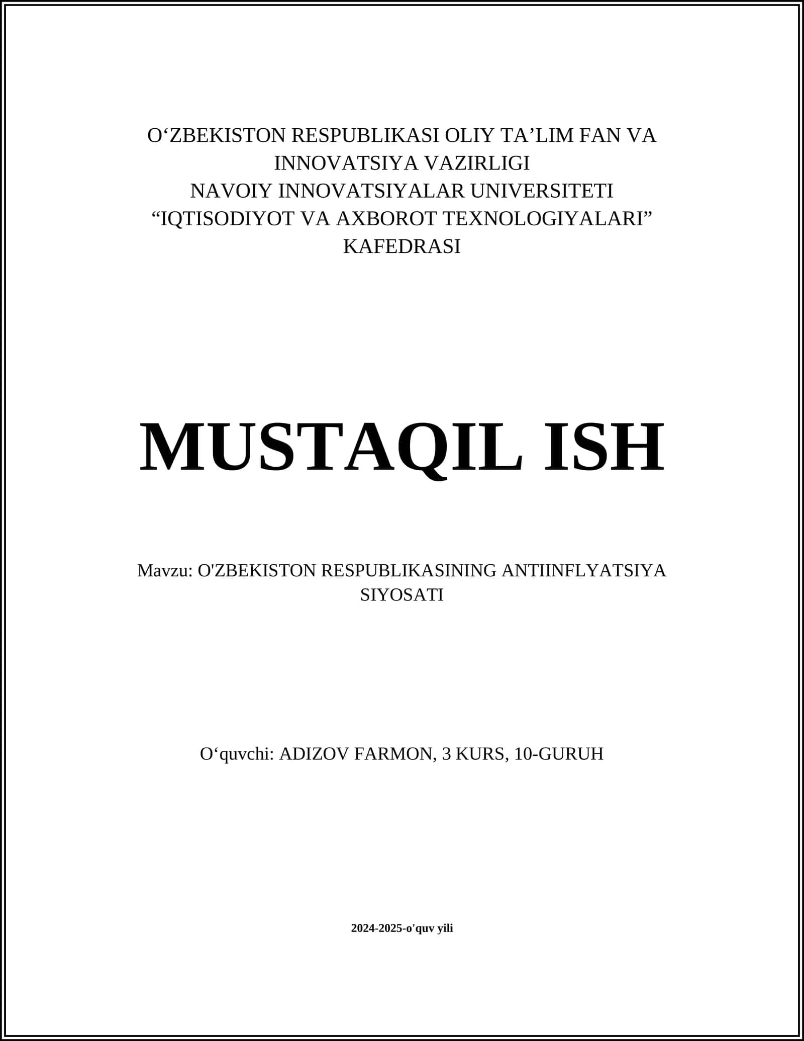 O‘ZBEKISTON RESPUBLIKASINING ANTIINFLYATSIYA SIYOSATI