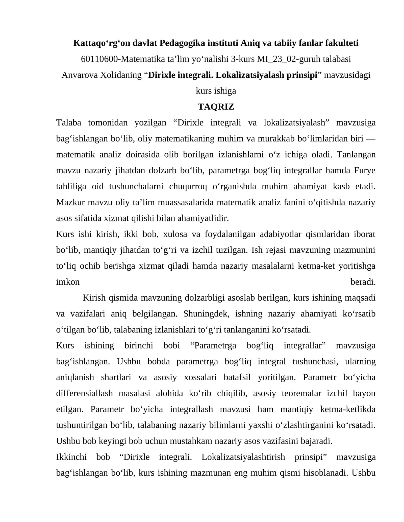 Dirixle integrali. Lokalizatsiyalash prinsipi