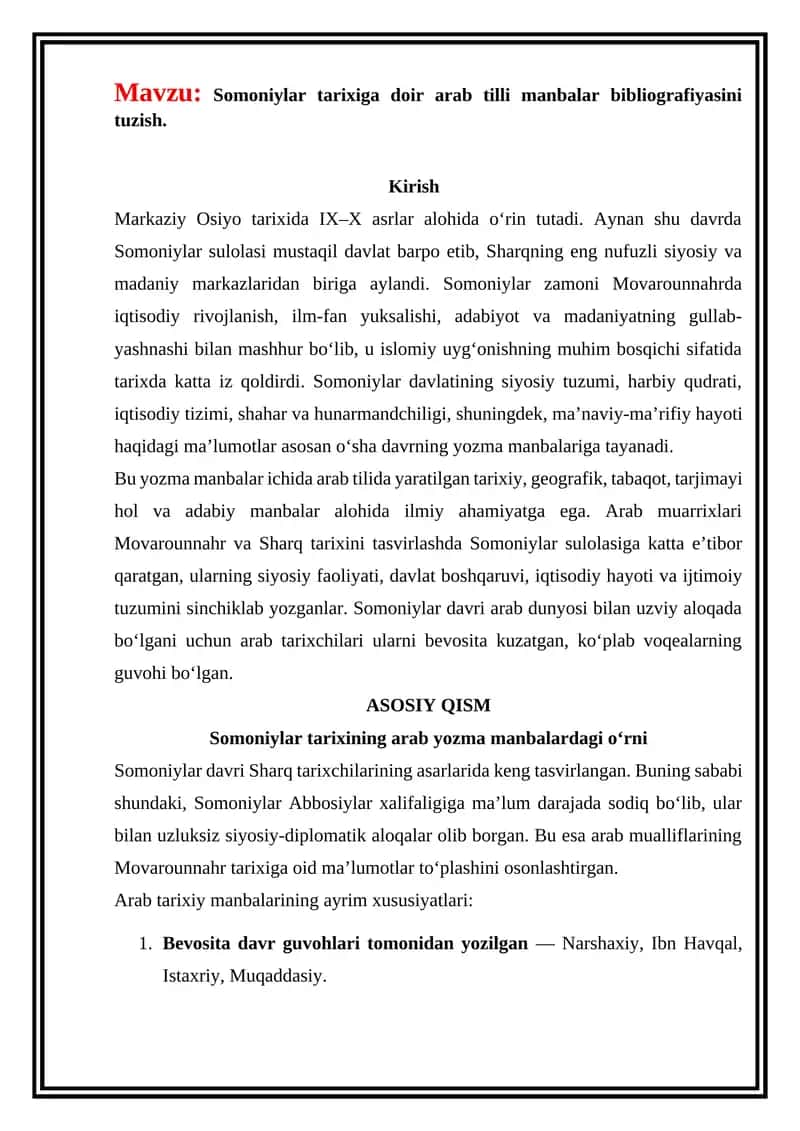 Somoniylar tarixiga doir arab tilli manbalar bibliografiyasi