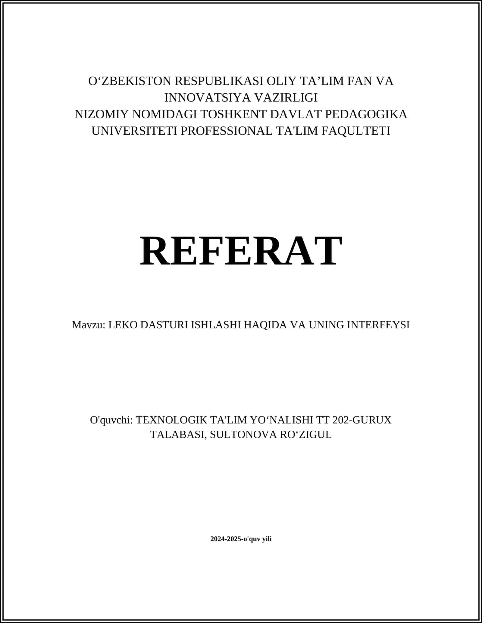 LEKO DASTURI ISHLASHI HAQIDA VA UNING INTERFEYSI