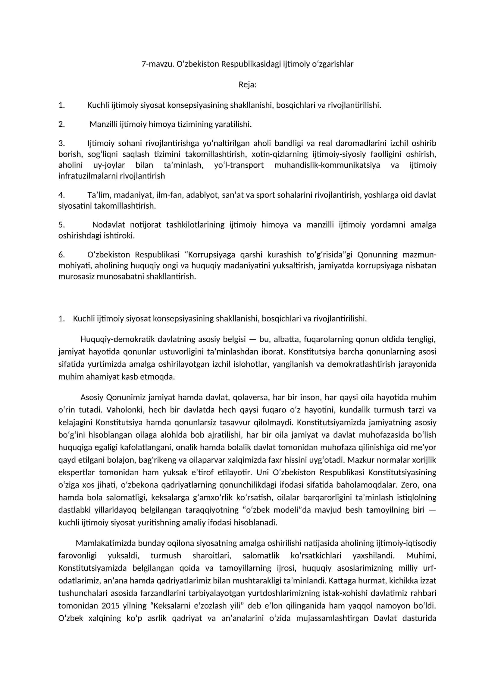 O‘zbekiston Respublikasidagi ijtimoiy o‘zgarishlar