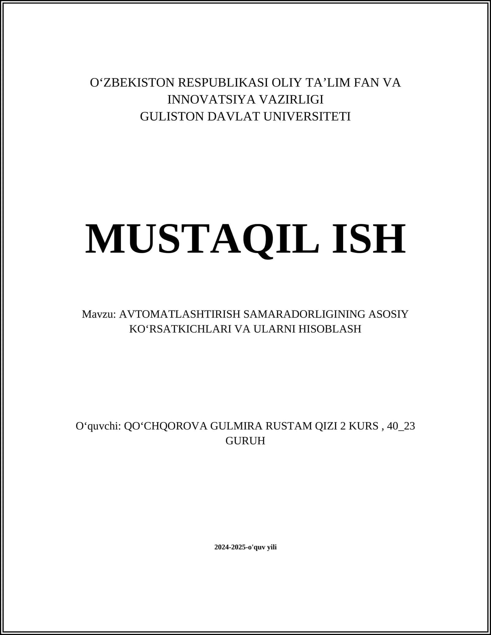 AVTOMATLASHTIRISH SAMARADORLIGINING ASOSIY KOʻRSATKICHLARI VA ULARNI HISOBLASH