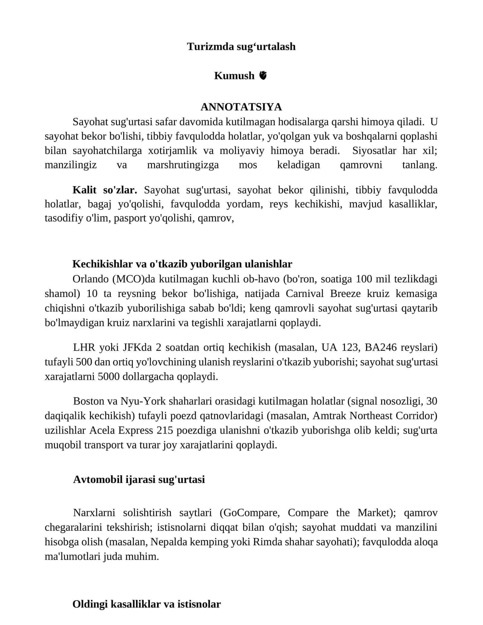 Turizmda sugʻurtalash