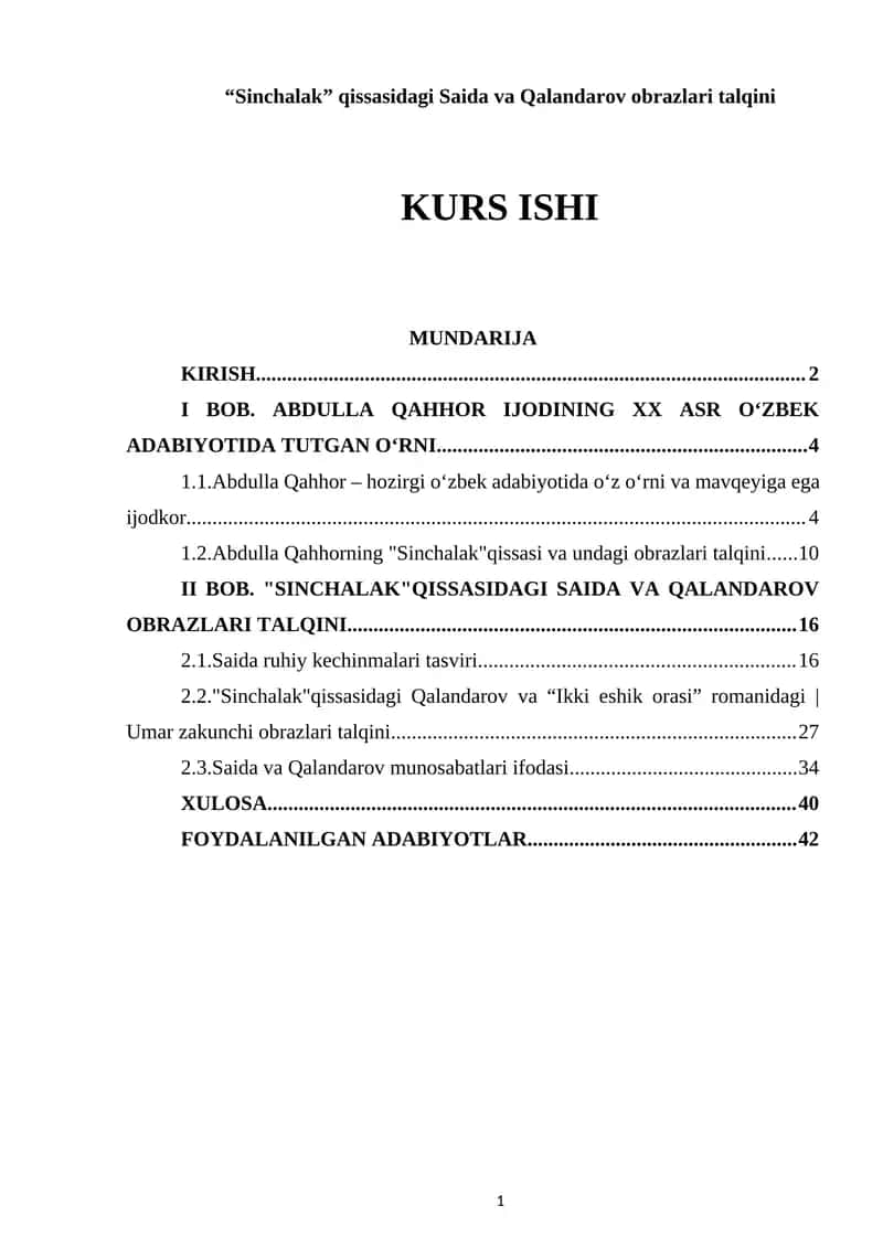 Sinchalak qissasidagi Saida va Qalandarov obrazlari talqini