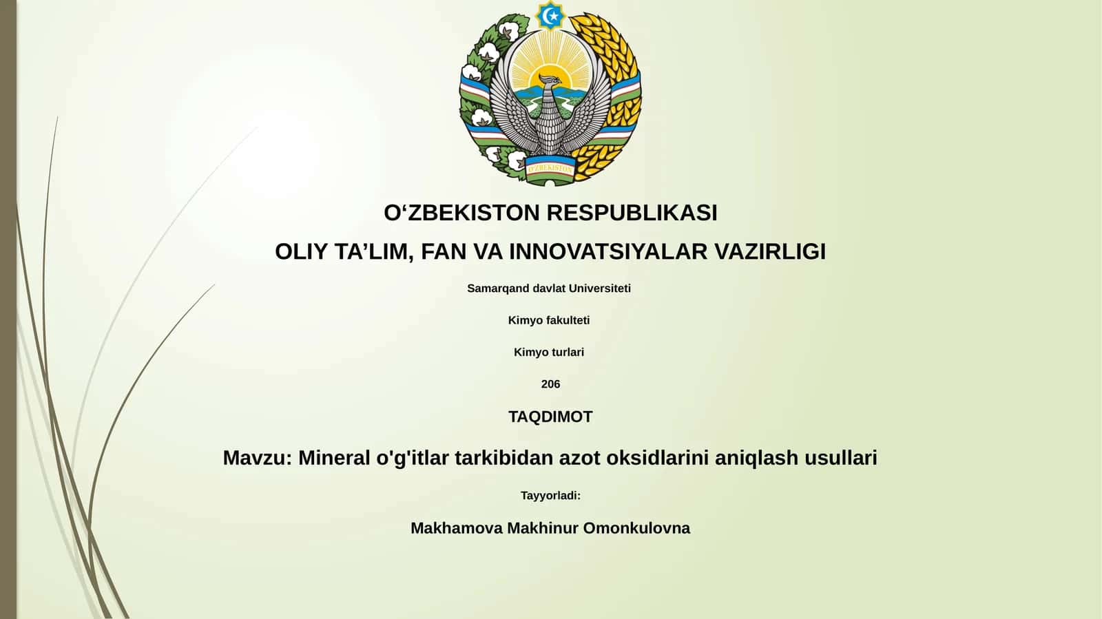 Mineral o'g'itlar tarkibidan azot oksidlarini aniqlash usullari