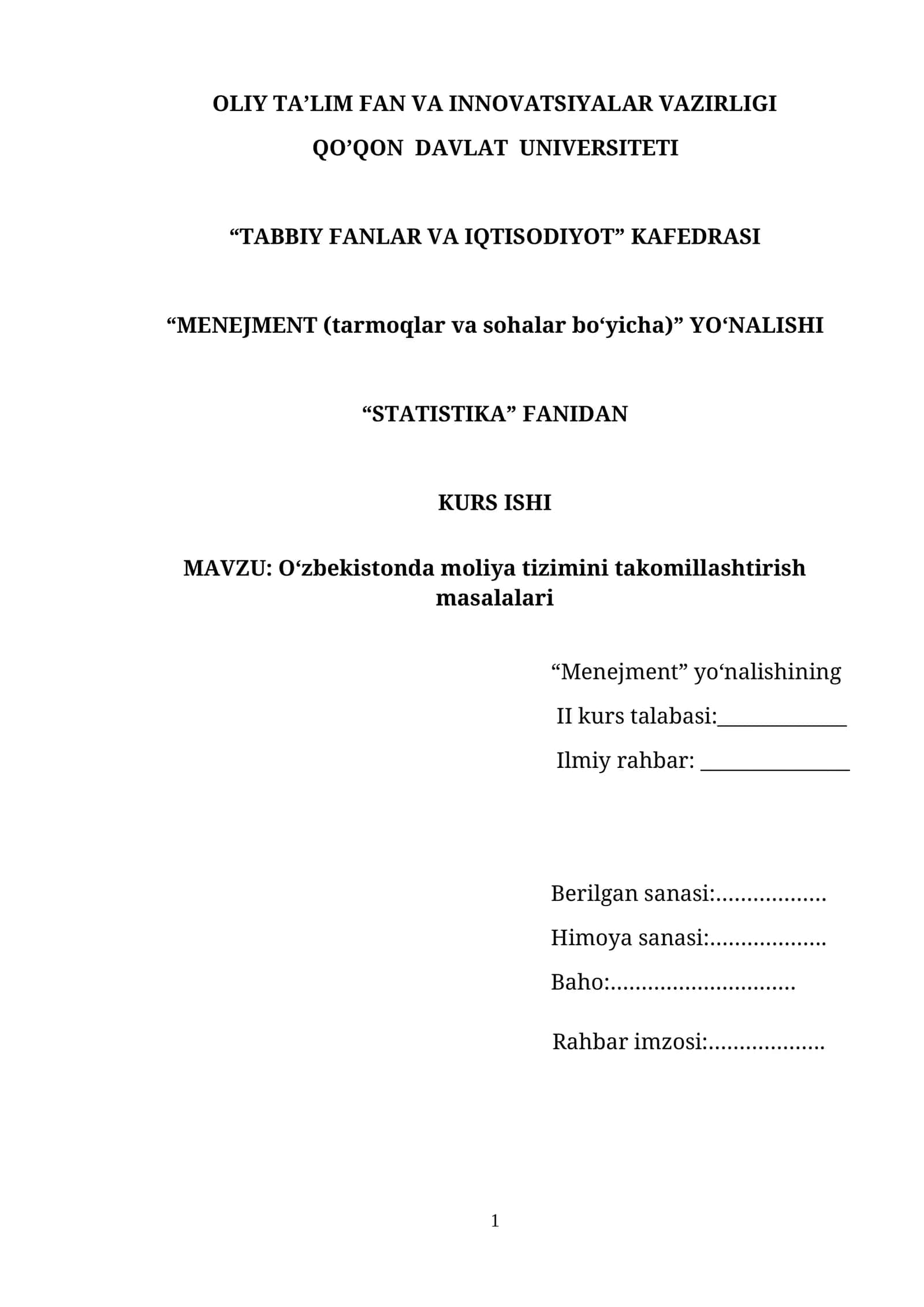 O'zbekistonda moliya tizimini takomillashtirish masalalari