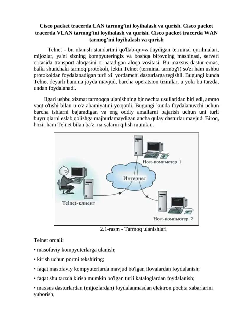 Telnet, ssh sozlash Cisco packet trecerda
