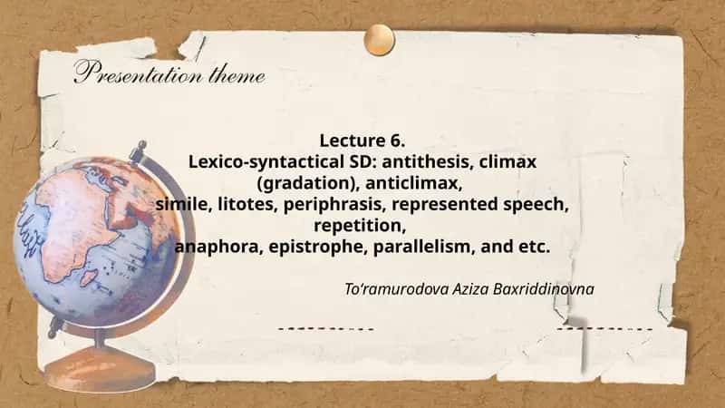 Lexico-syntactical SD: antithesis, climax (gradation), anticlimax, simile, litotes, periphrasis, represented speech, repetition, anaphora, epistrophe, parallelism