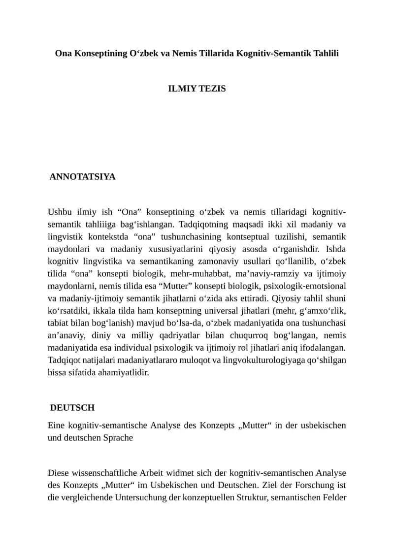 Ona Konseptining O‘zbek va Nemis Tillarida Kognitiv-Semantik Tahlili