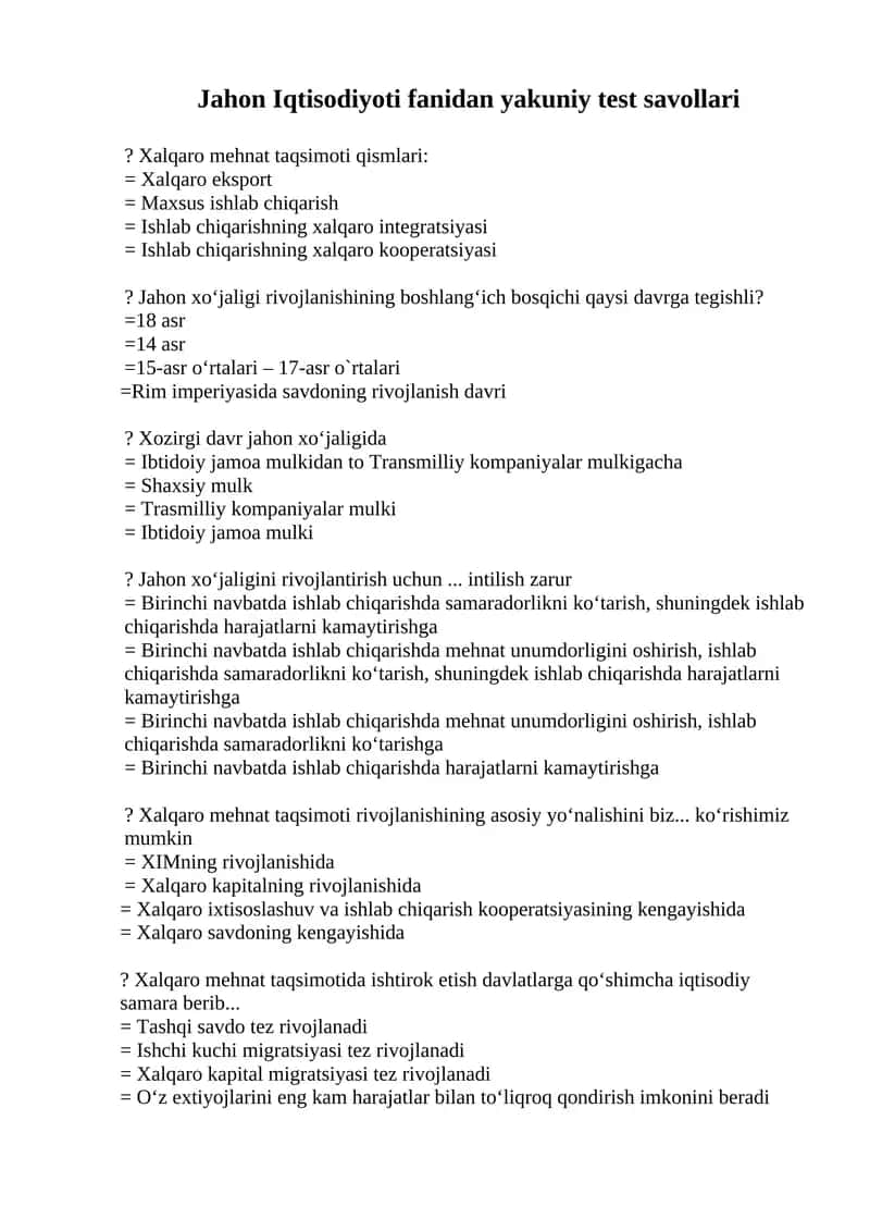 Jahon Iqtisodiyoti fanidan yakuniy test savollari