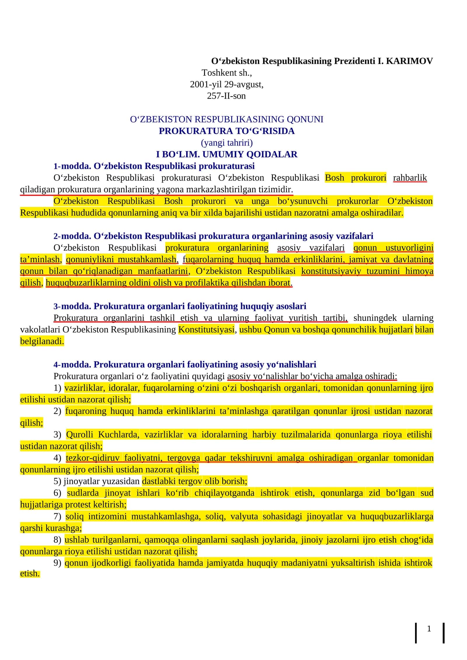 Prokuratura to'g'risda"gi qonun.  QO'LLANMASI