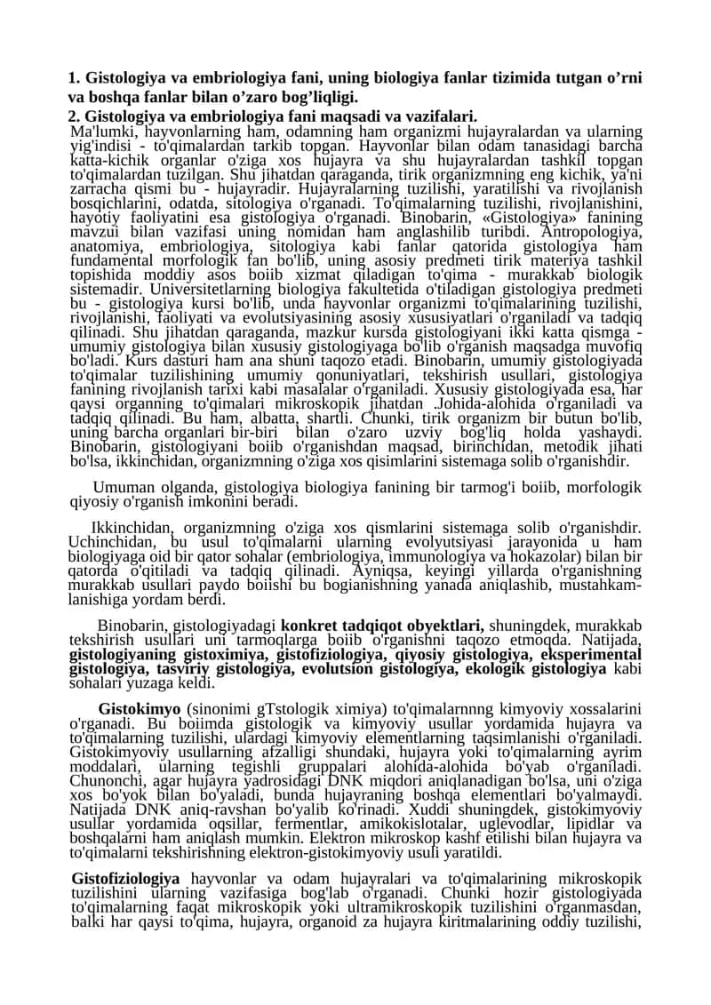 Gistologiya va embriologiya fani maqsadi va vazifalari