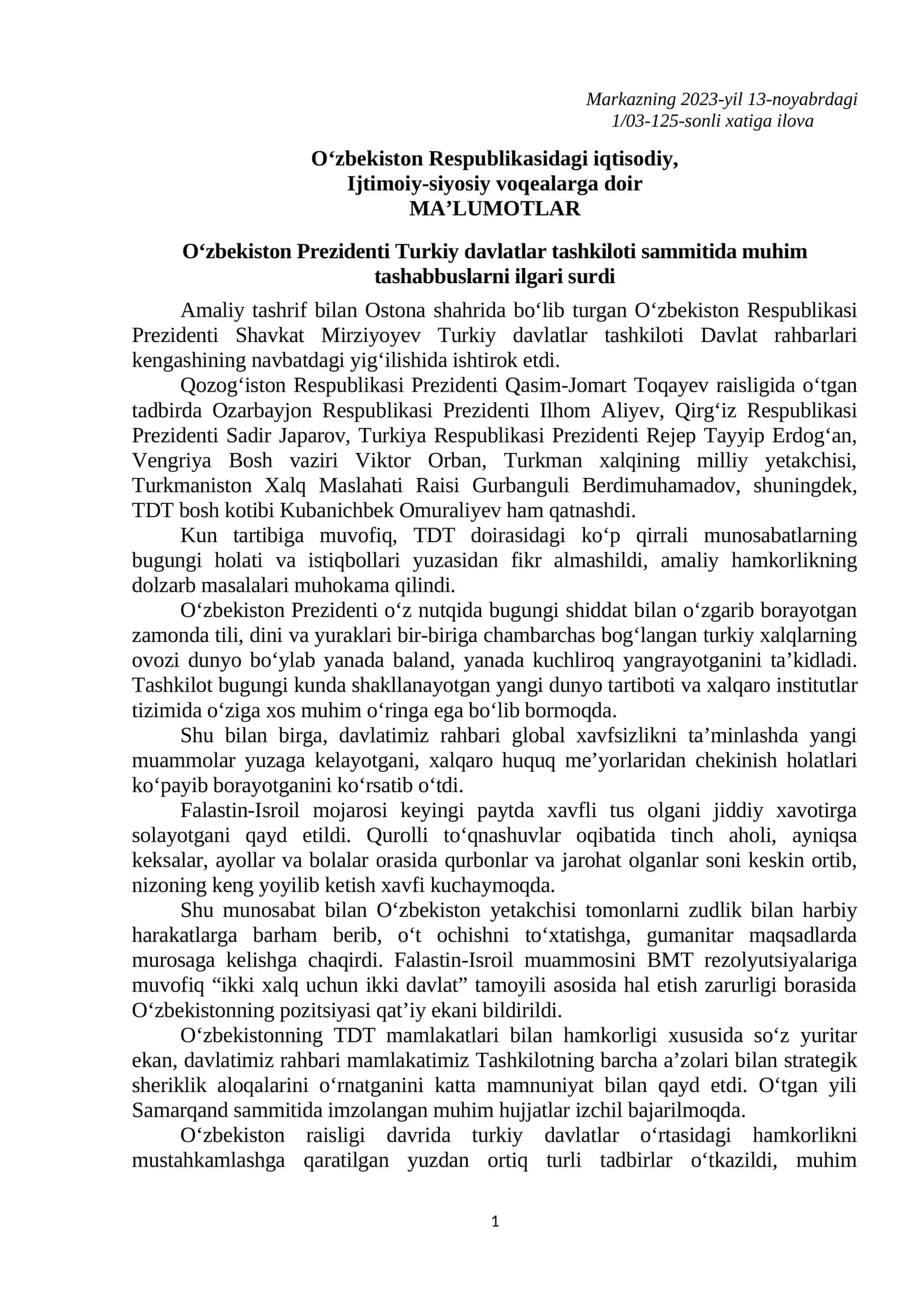 Turkiy davlatlar tashkiloti sammitida muhim tashabbuslarni ilgari surdi