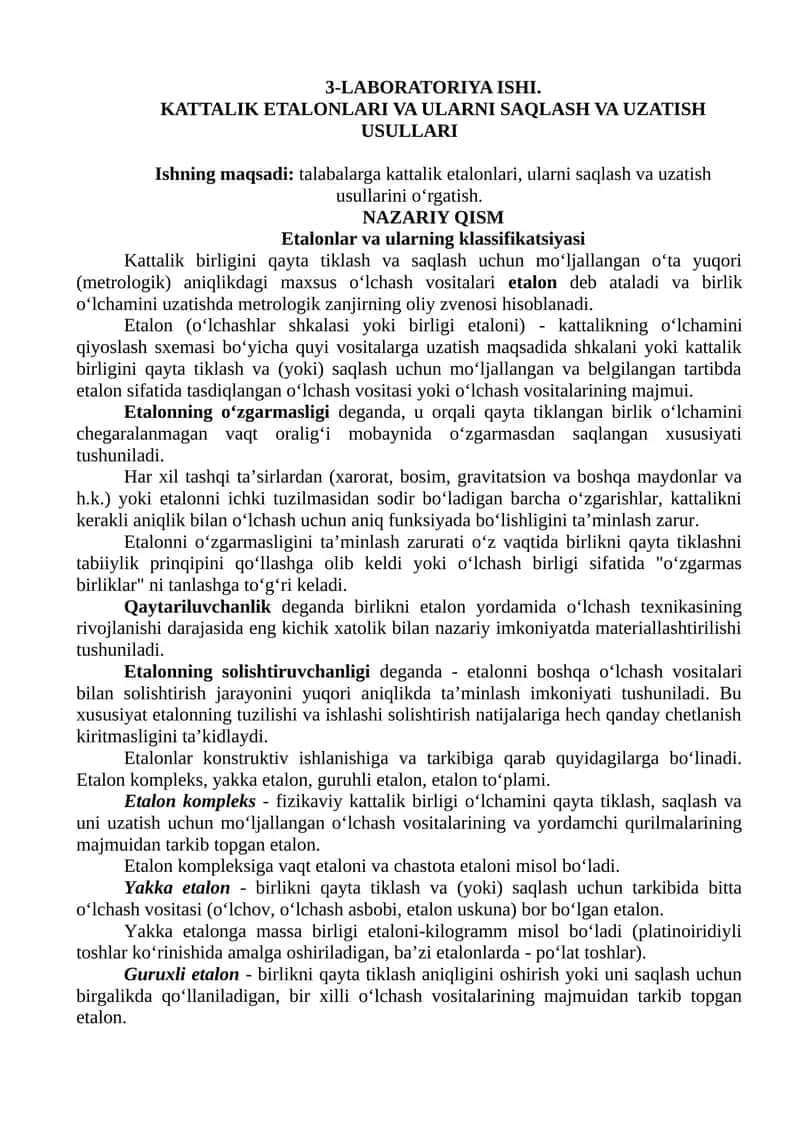 KATTALIK ETALONLARI VA ULARNI SAQLASH VA UZATISH USULLARI