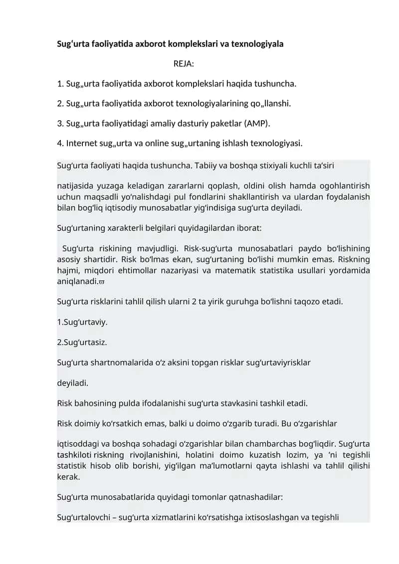 Sug'urta faoliyatida axborot komplekslari va texnologiyala
