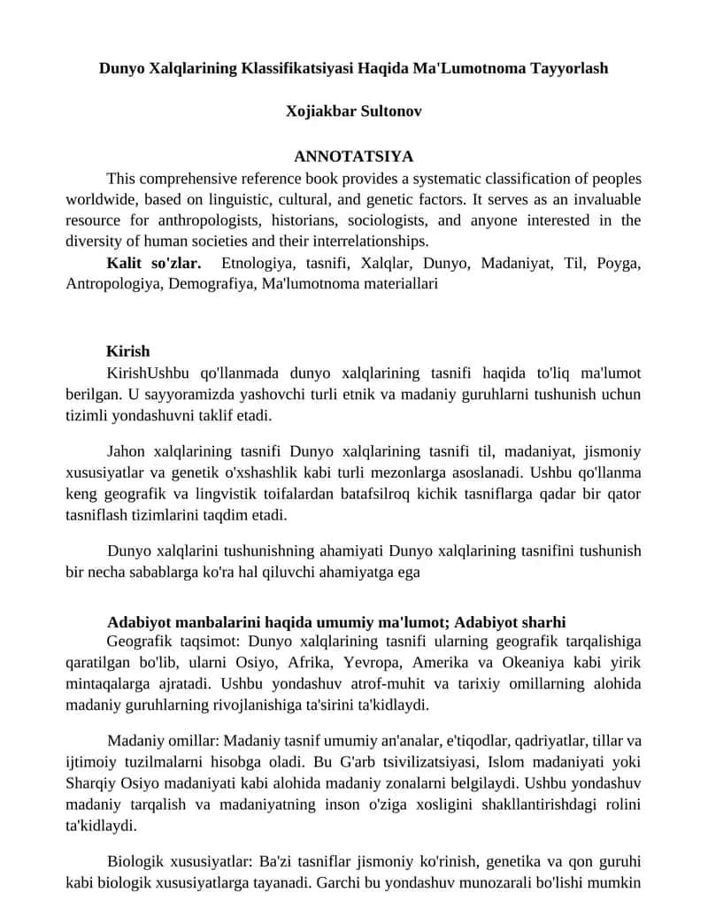 Dunyo Xalqlarining Klassifikatsiyasi Haqida Ma'Lumotnoma
