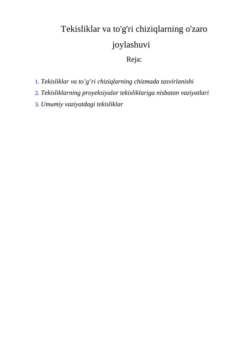 Tekisliklar va to'g'ri chiziqlarning o'zaro joylashuvi