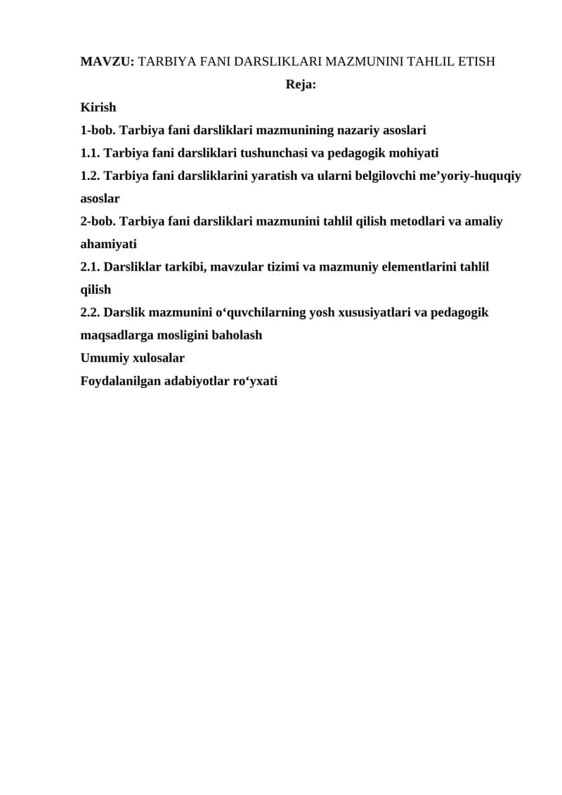TARBIYA FANI DARSLIKLARI MAZMUNINI TAHLIL ETISH