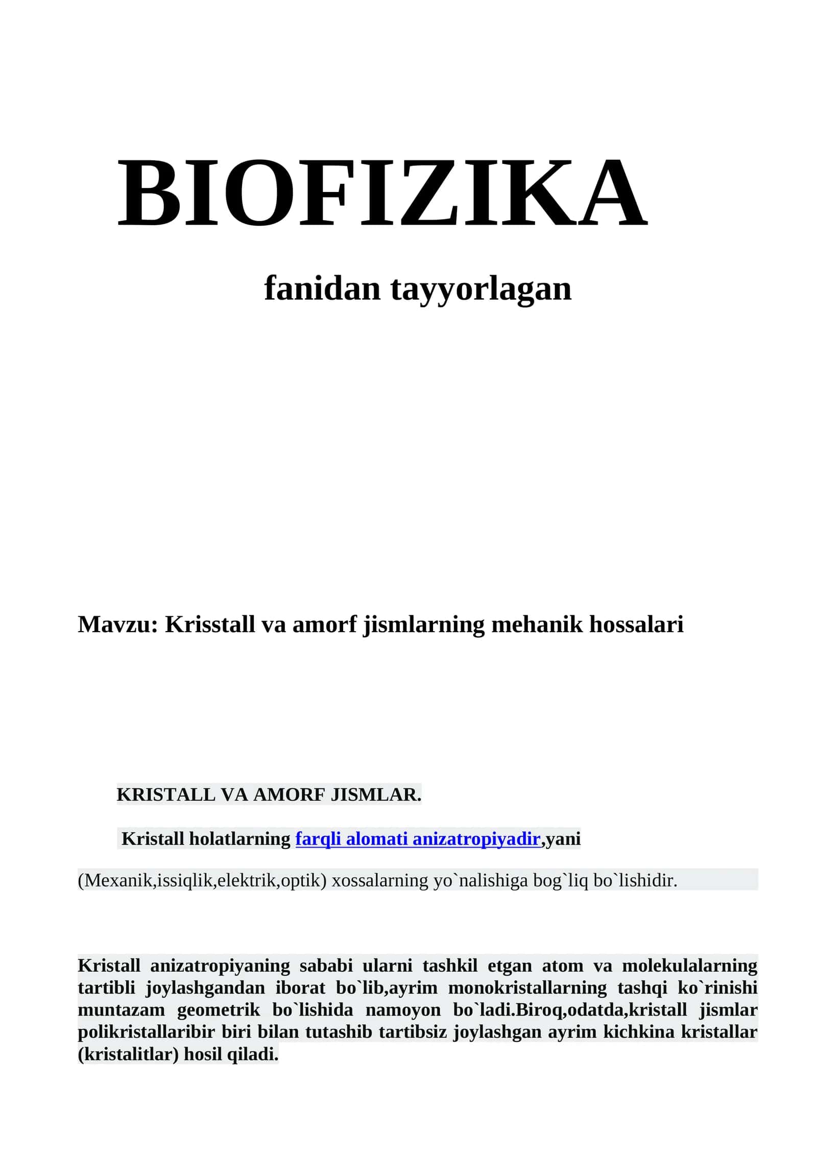 Krisstall va amorf jismlarning mehanik hossalari