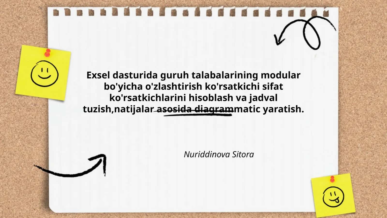 Exsel dasturida guruh talabalarining modular bo'yicha o'zlashtirish ko'rsatkichi sifat ko'rsatkichlarini hisoblash va jadval tuzish,natijalar asosida diagrammatic yaratish