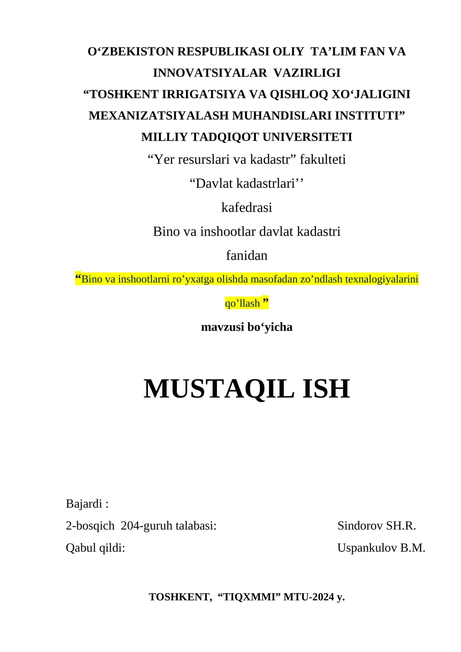 Bino va inshootlarni ro’yxatga olishda masofadan zo’ndlash texnalogiyalarini qo’llash