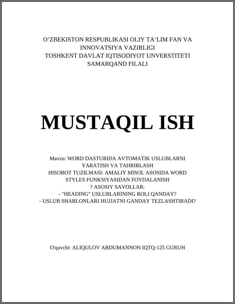WORD DASTURIDA AVTOMATIK USLUBLARNI YARATISH VA TAHRIRLASH