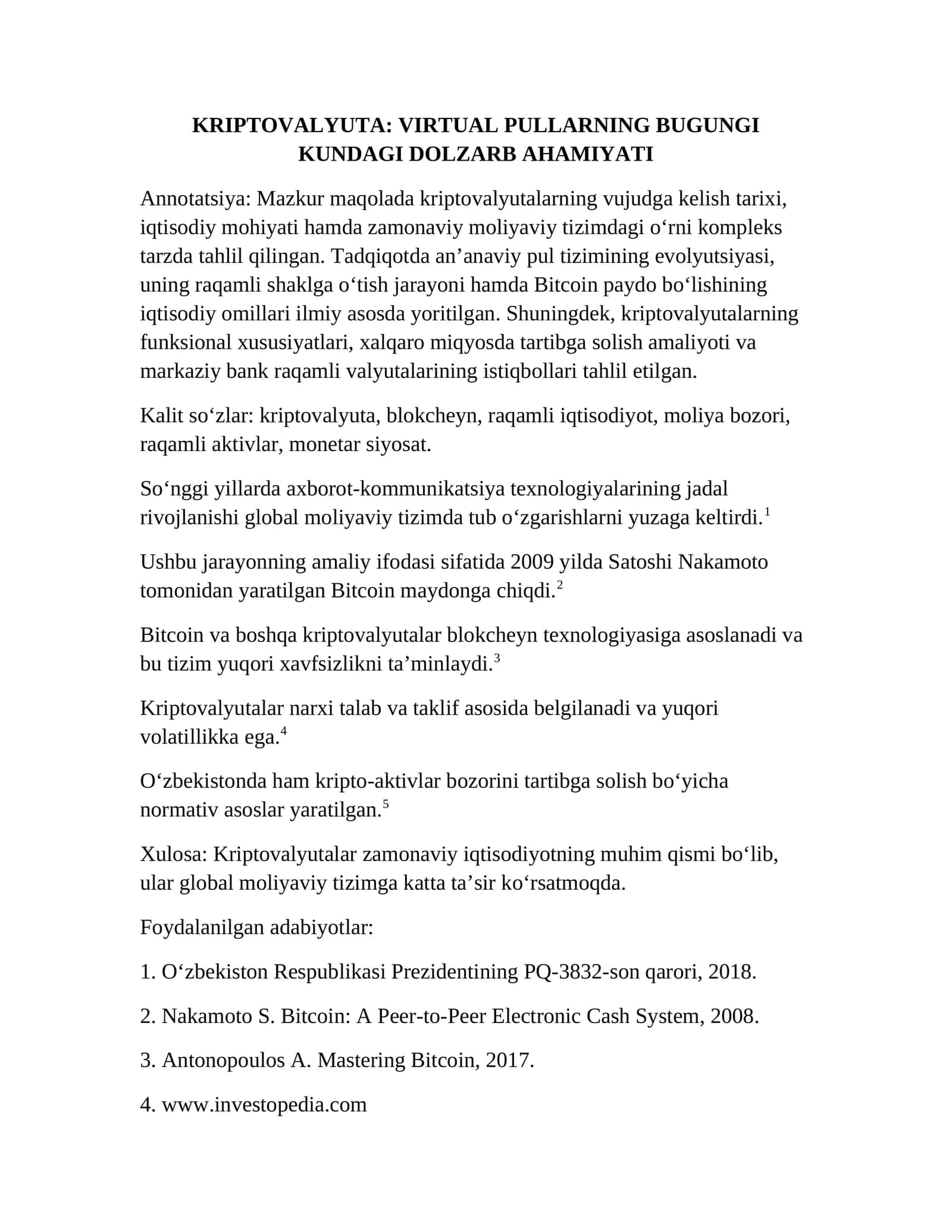KRIPTOVALYUTA: VIRTUAL PULLARNING BUGUNGI KUNDAGI DOLZARB AHAMIYATI