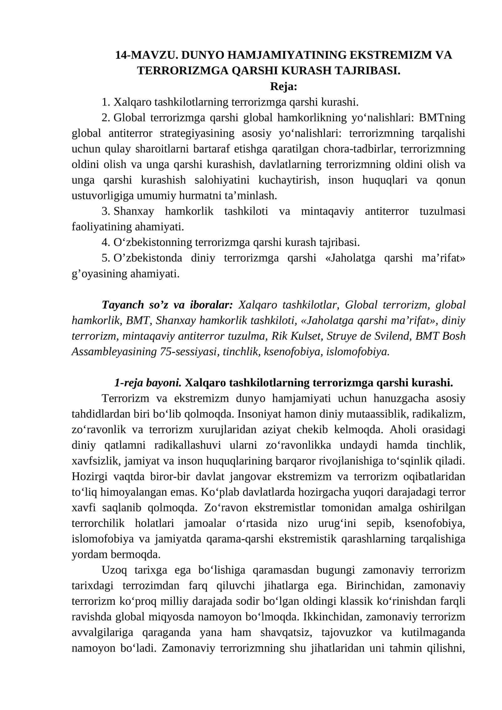 14-MAVZU. DUNYO HAMJAMIYATINING EKSTREMIZM VA TERRORIZMGA QARSHI KURASH TAJRIBASI