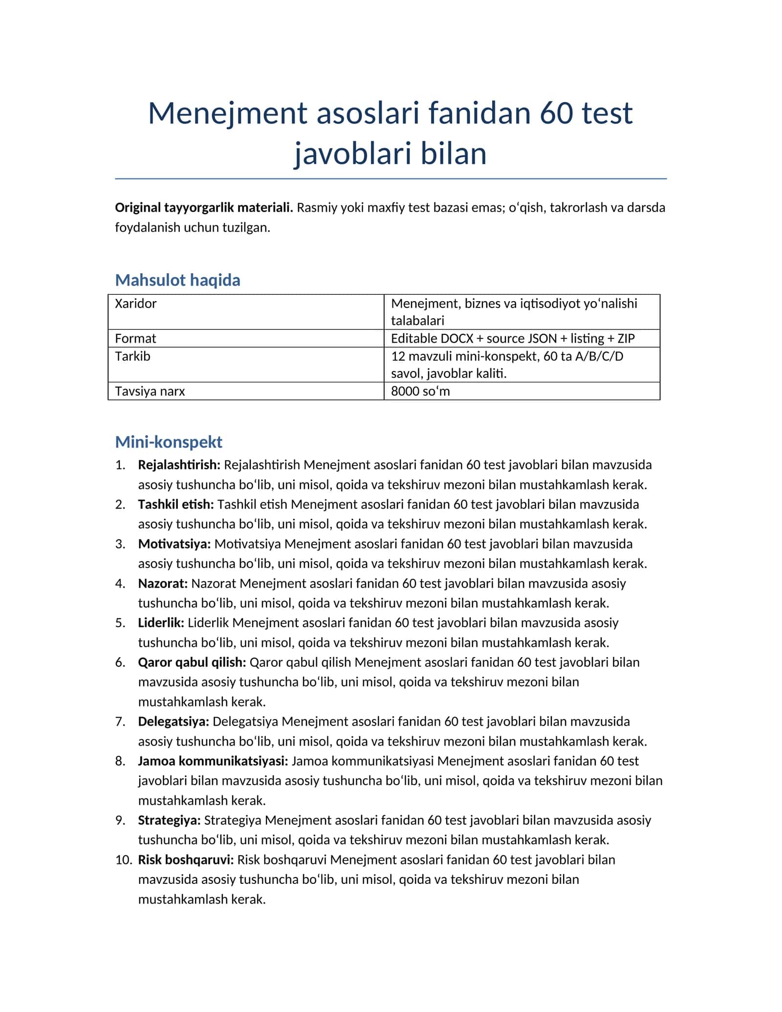 Menejment asoslari fanidan 60 test javoblari bilan