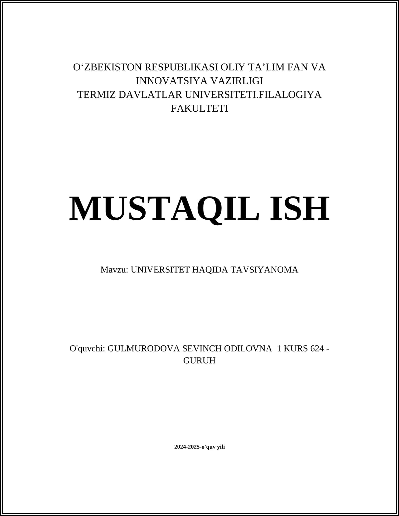 Universitet haqida tavsiyanoma (Mustaqil ish)